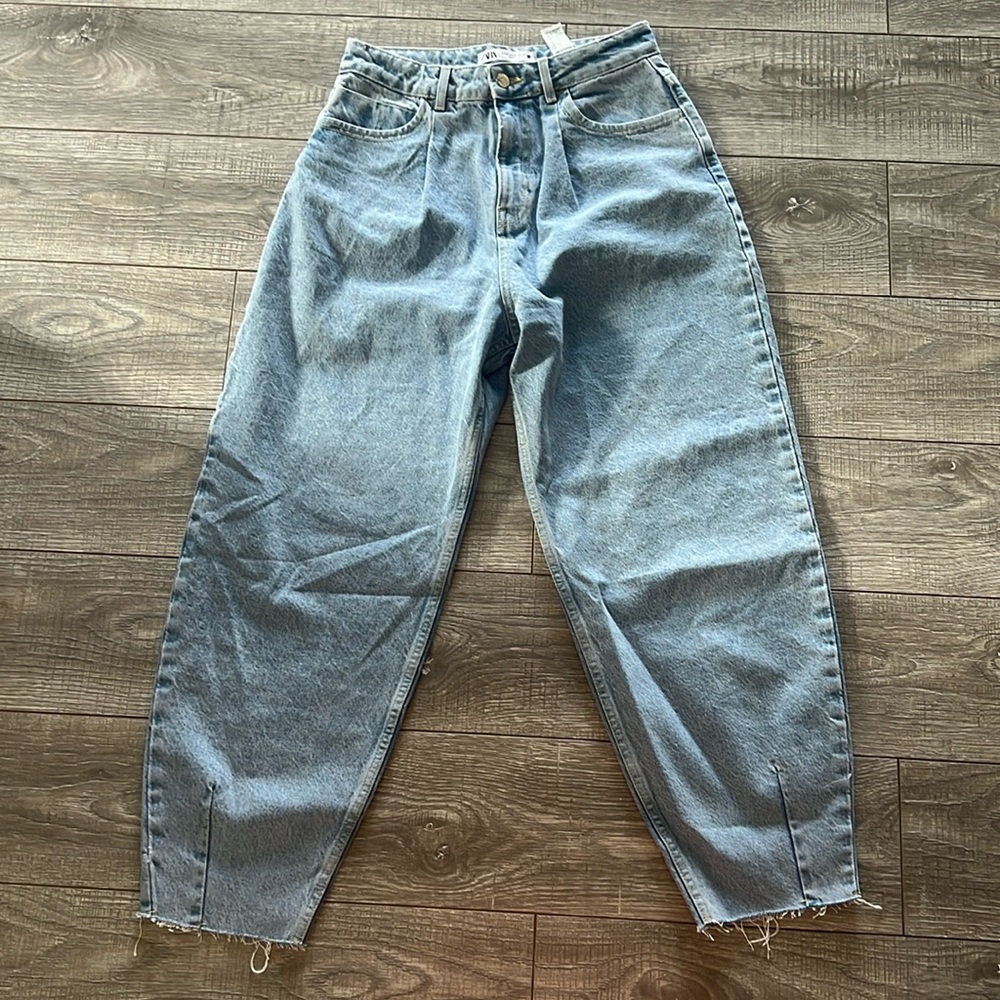 Zara Pleated Wide Leg Barrel High Rise Jeans
